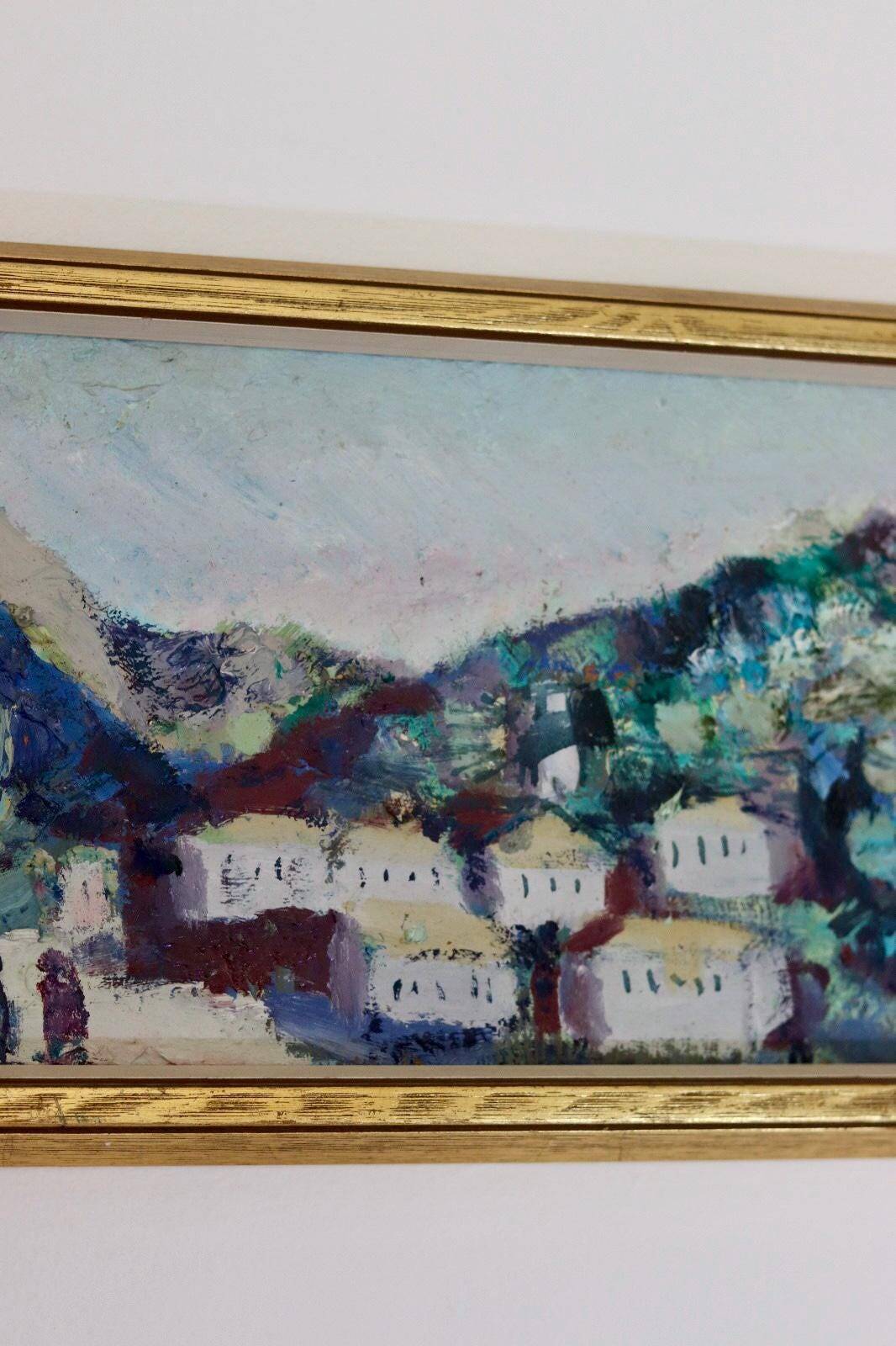Original mid-century Swedish oil on panel "Village" by Bertil Wahlberg.