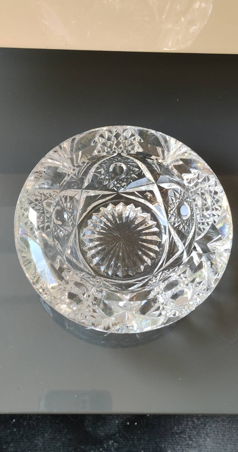 Bohemian cut crystal ashtray/pocket tray. Star/cross-hatched motifs.