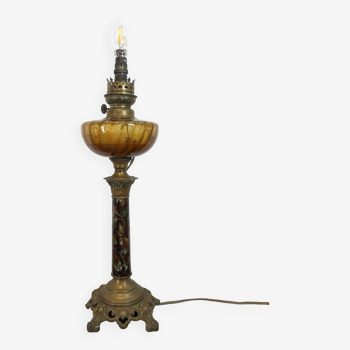 Large electrified oil lamp in blown glass and bronze