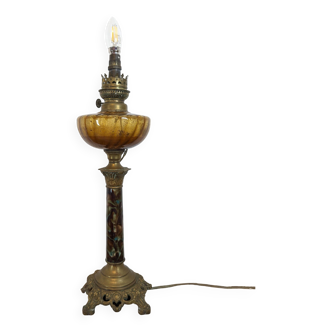 Large electrified oil lamp in blown glass and bronze