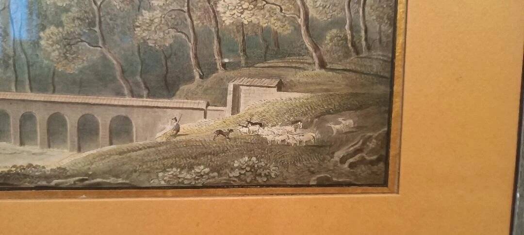 Old watercolour on paper from the early 19th century – landscape with aqueduct and bridge.