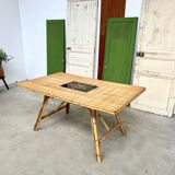 Audoux Minet bamboo rattan ceramic dining table, signed La Roue Vallauris