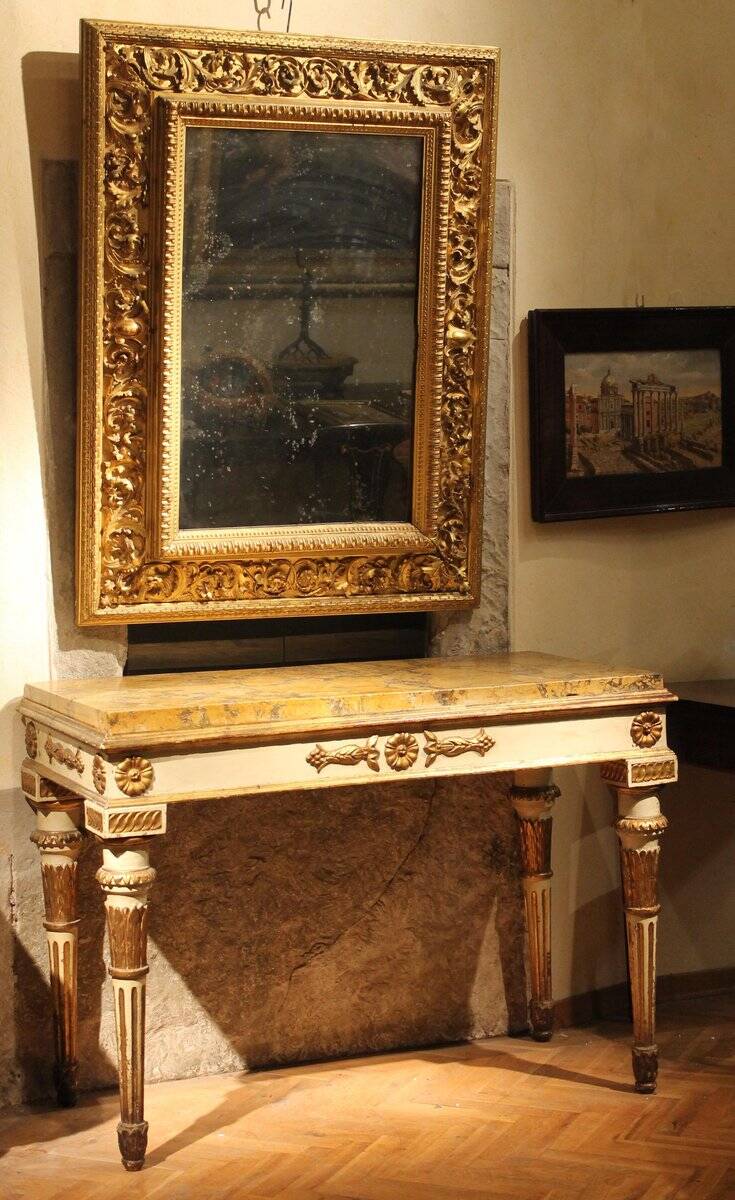 Italian Louis XVI White Lacquer and Giltwood Console with Scagliola Siena Marble Top