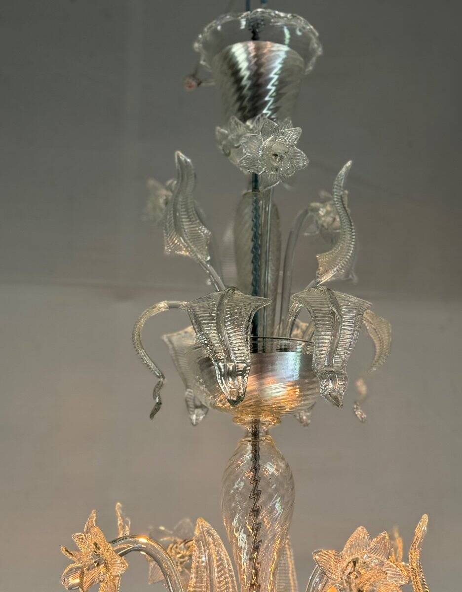 Venetian chandelier in colorless murano glass, 6 arms of light circa 1950