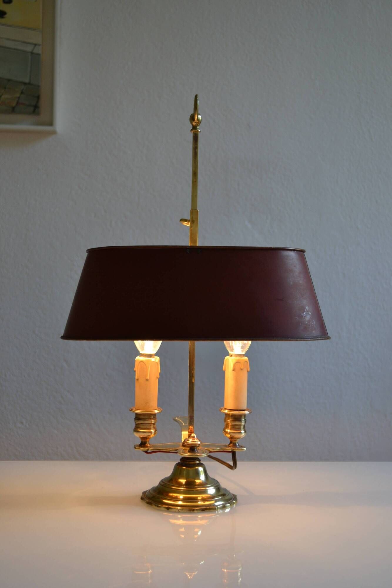 hot water bottle lamp with 2 bronze lights and burgundy sheet metal lampshade