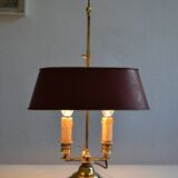 hot water bottle lamp with 2 bronze lights and burgundy sheet metal lampshade
