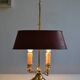 hot water bottle lamp with 2 bronze lights and burgundy sheet metal lampshade