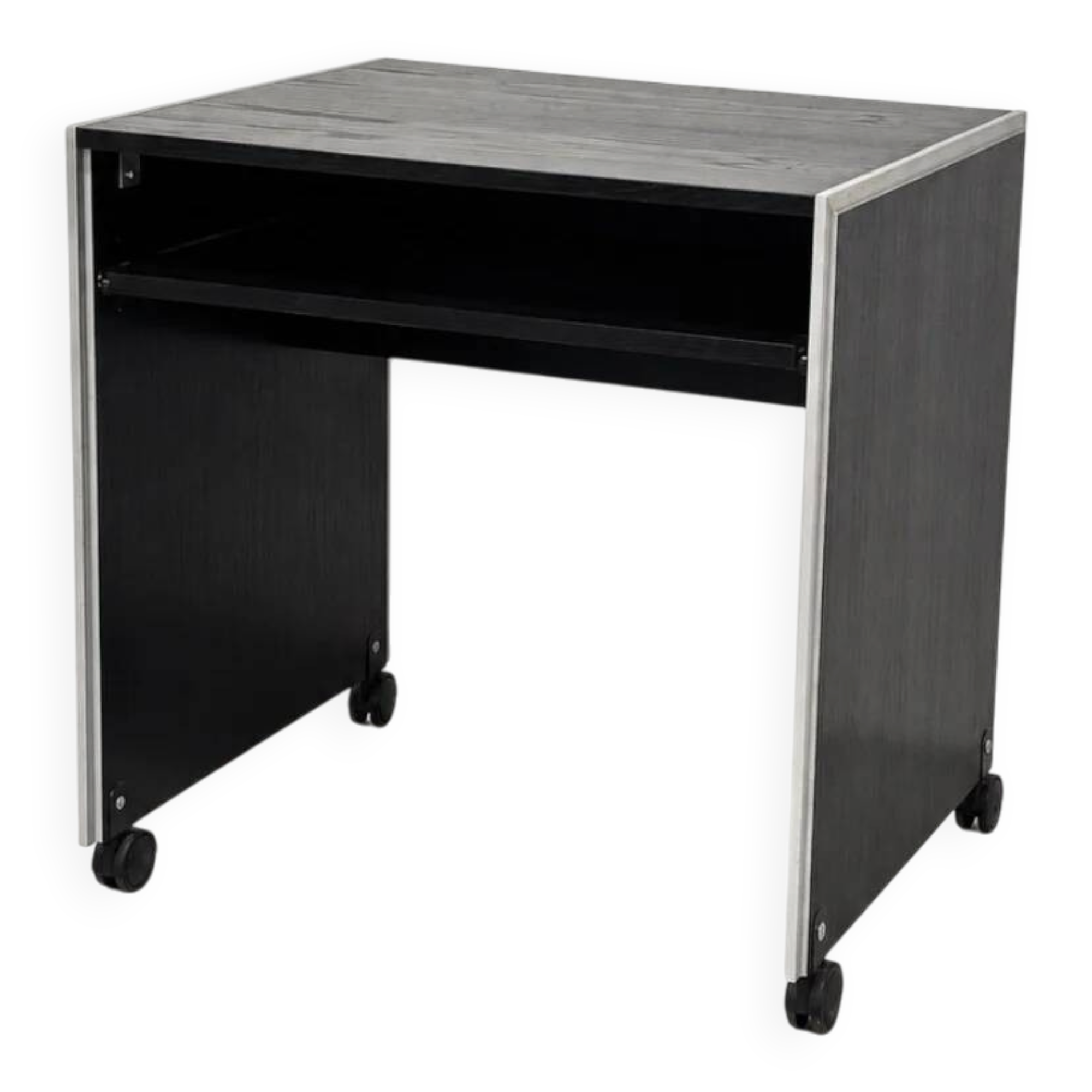 Vintage black computer desk on wheels with an aluminium edge.