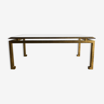 Table basse Maison Jansen dalle de verre et métal doré époque 1960 design xxe