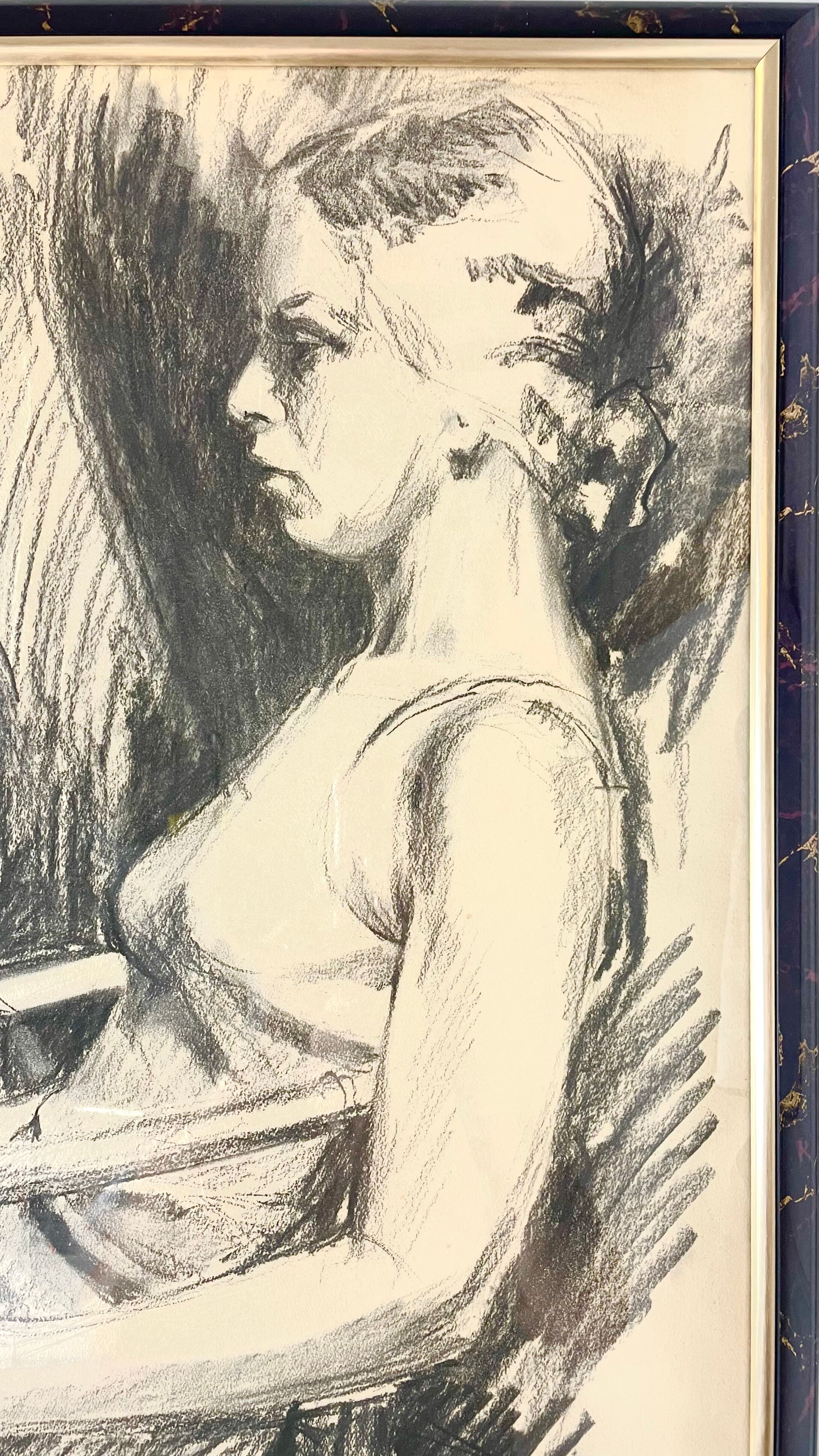 Charcoal drawing signed and dated, Young woman seated, 1976.