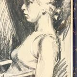 Charcoal drawing signed and dated, Young woman seated, 1976.