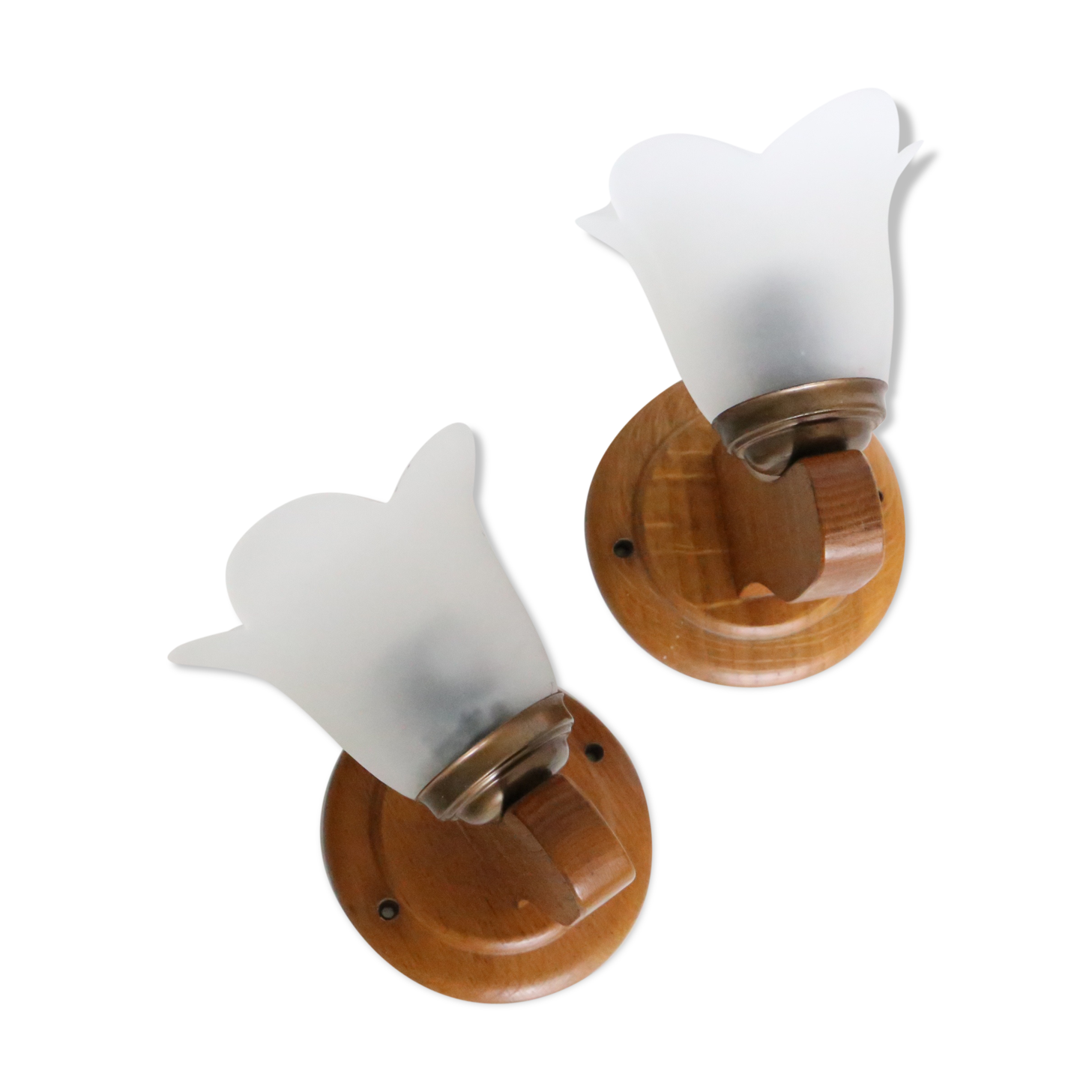 Duo of wooden appliques and tulip globe in scrambled glass, based on brass