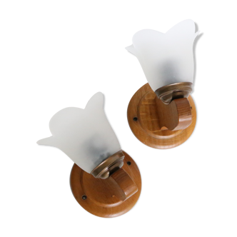 Duo of wooden appliques and tulip globe in scrambled glass, based on brass