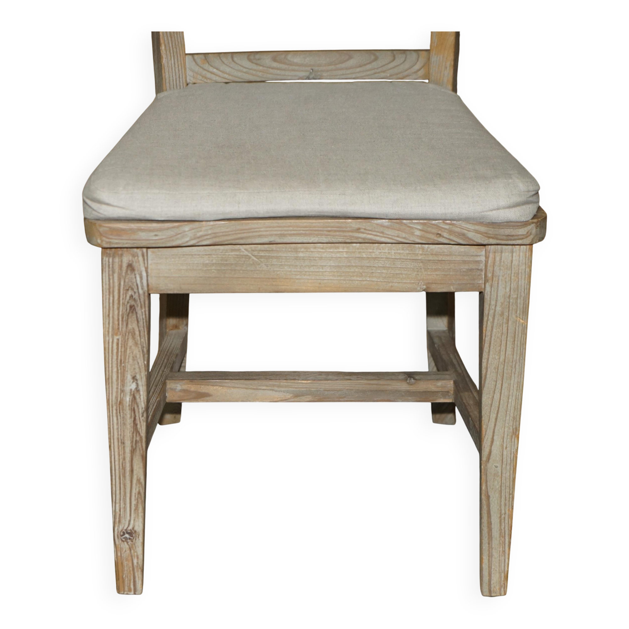 Pair of Swedish-style accent chairs in recycled pine with upholstered seats.