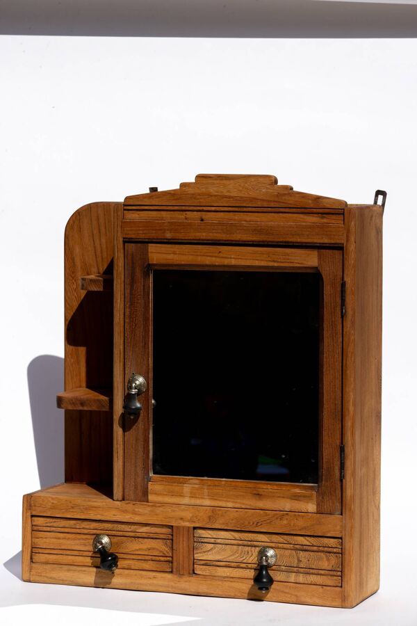 Étagère murale Art déco en bois de noyer avec miroir et tiroirs, rénovée