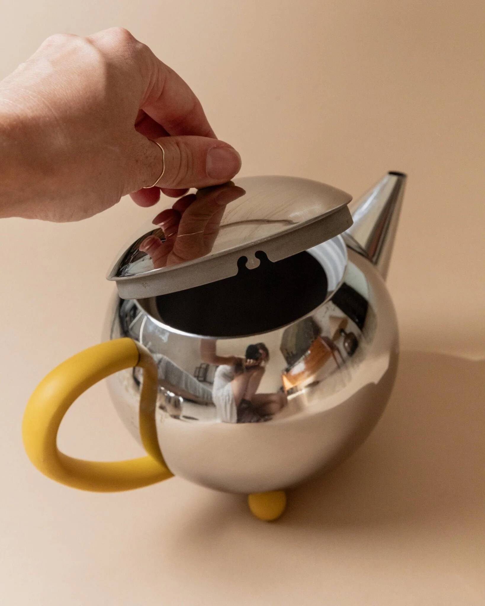 Space Age Vintage 1980s Stainless Steel Tea and Coffee Set with Yellow Accents Teapot Creamer and Sugar Bowl