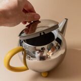 Space Age Vintage 1980s Stainless Steel Tea and Coffee Set with Yellow Accents Teapot Creamer and Sugar Bowl