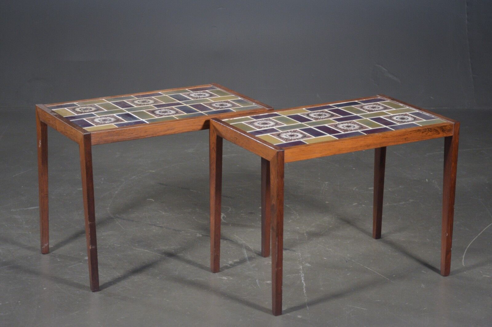 Pair of rosewood lamp tables, inlaid with coloured tiles
