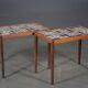 Pair of rosewood lamp tables, inlaid with coloured tiles