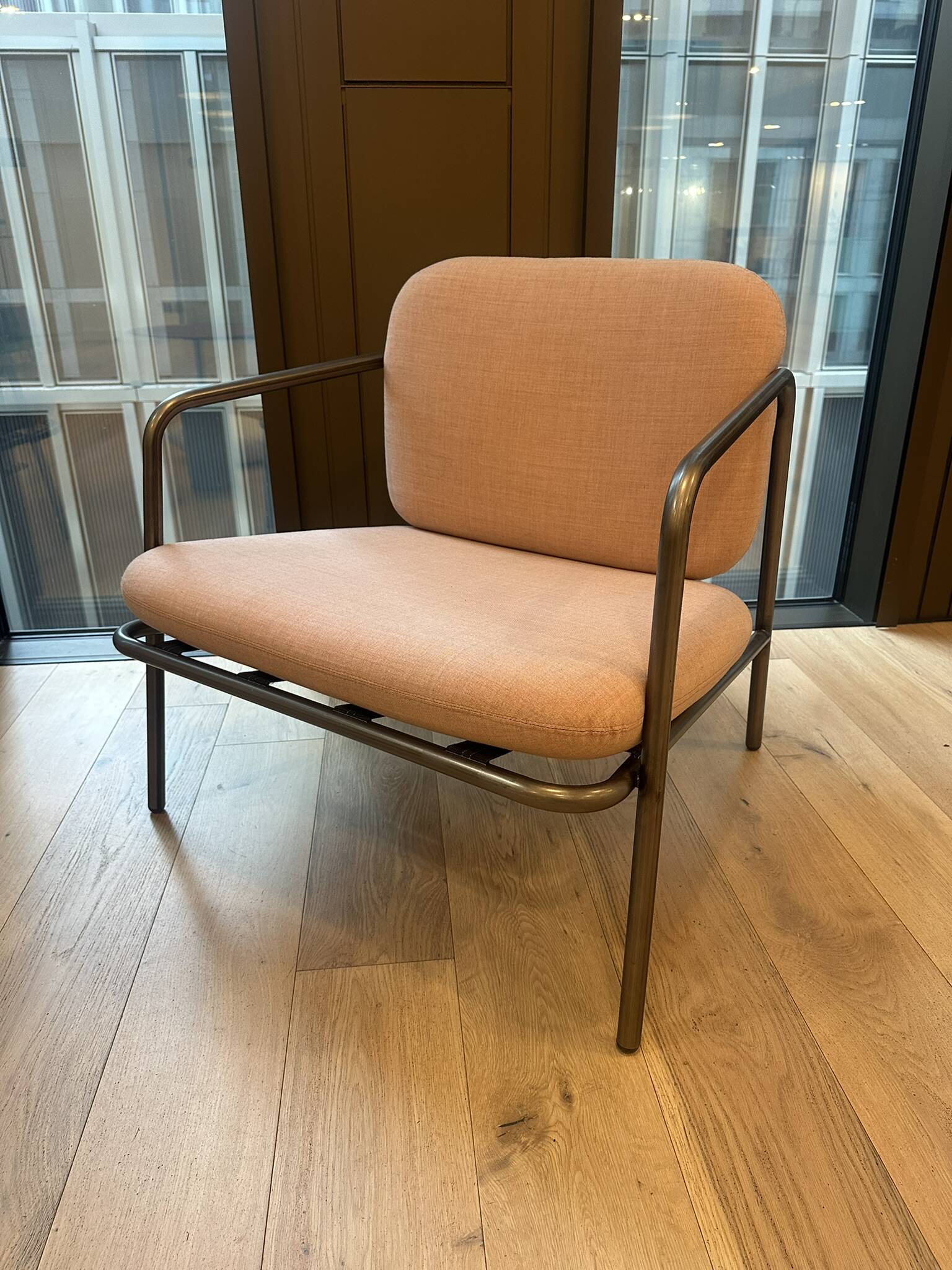 Deadgood Working Lounge Chair, in pale pink fabric with metal base