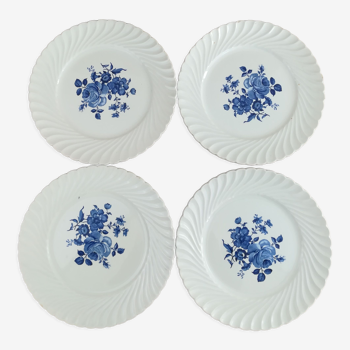 4 assiettes plates Lunéville décor fleurs bleues