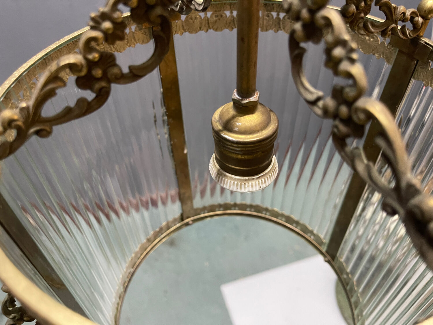 Brass Ribbed Glass Light Pendant 1950’s