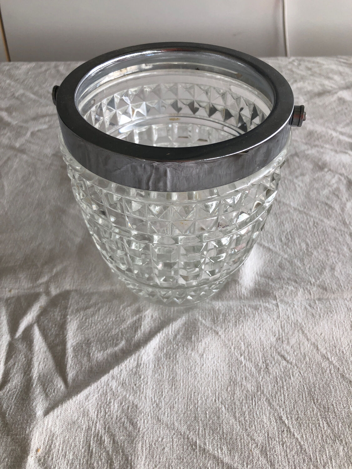 Vintage cut glass and chrome steel ice bucket