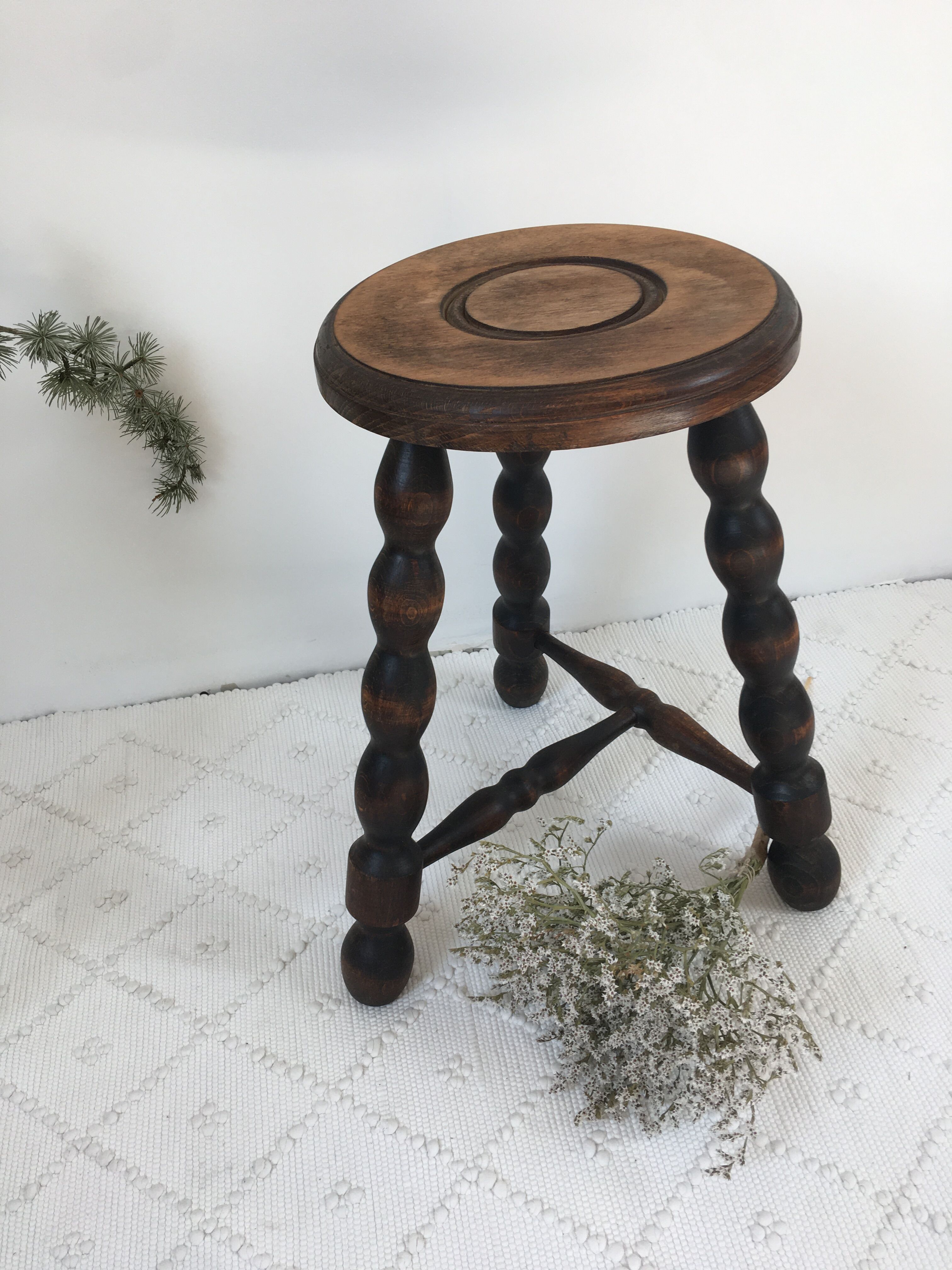 Turned wooden tripod farm stool