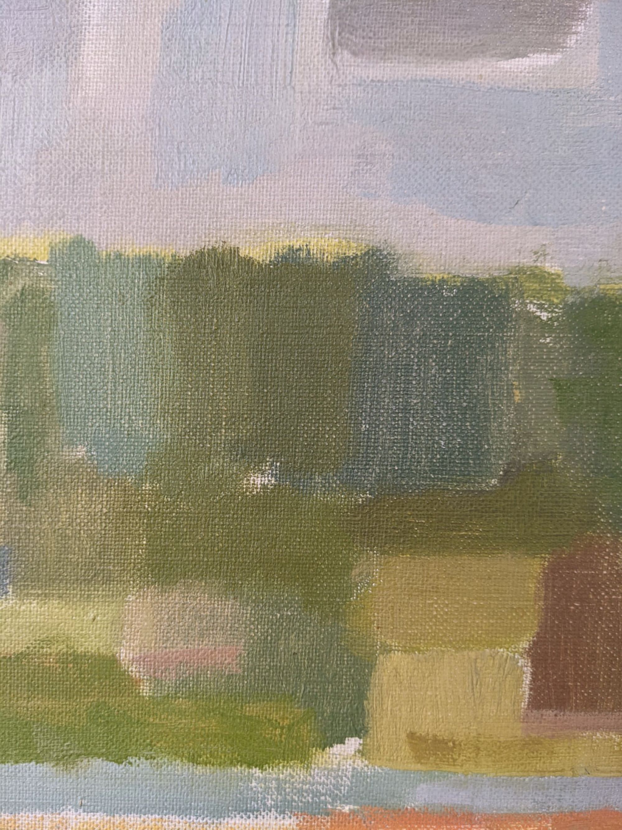 Mid-Century Modern Swedish "Houses by Nature" Vintage Landscape Oil Painting, Framed