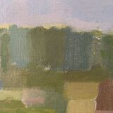 Mid-Century Modern Swedish "Houses by Nature" Vintage Landscape Oil Painting, Framed