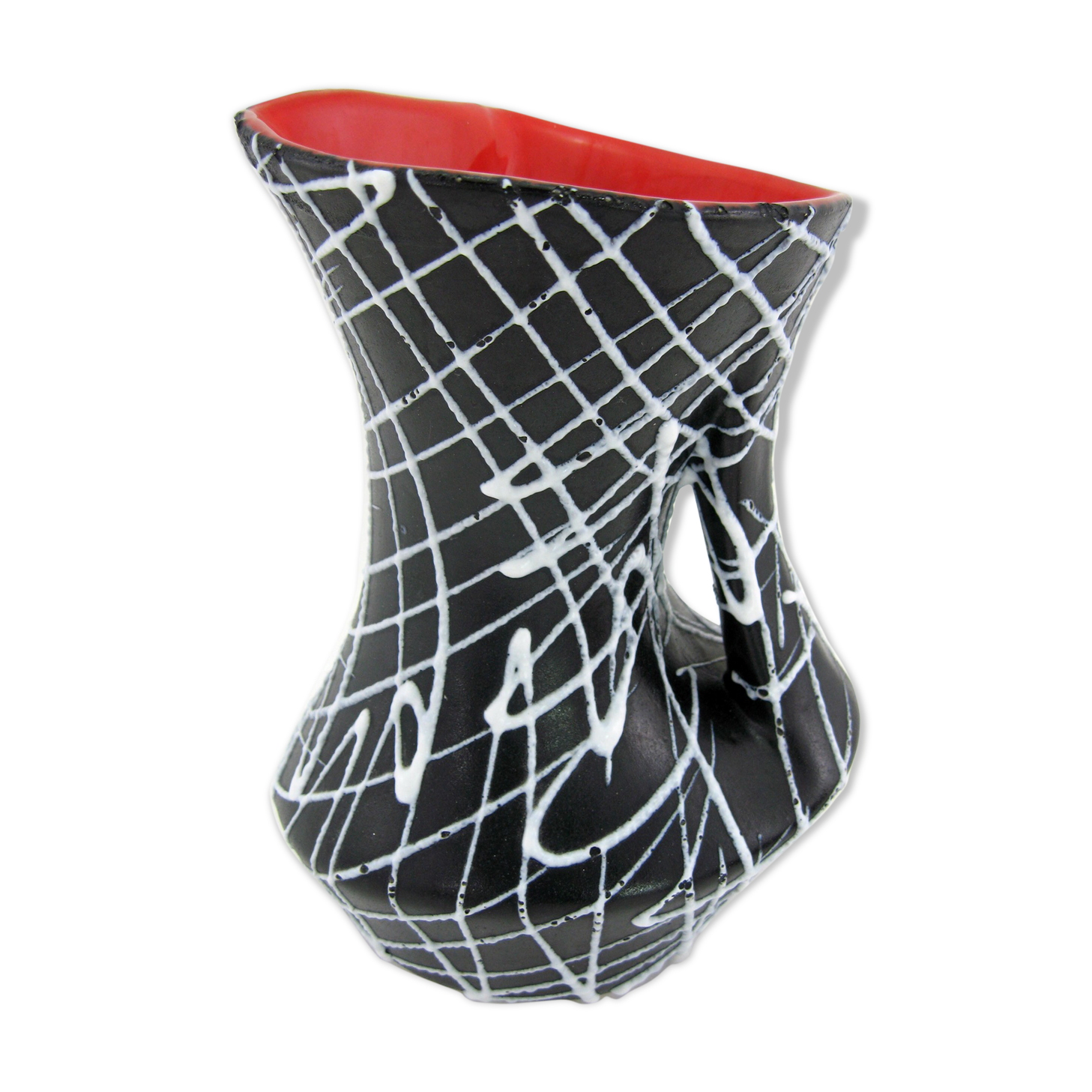 Black ceramic vase, white spaghetti patterns Vallauris France vintage 50s