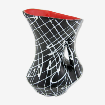 Vase en céramique noire motifs spaghettis blancs, Vallauris France années 50