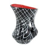 Black ceramic vase, white spaghetti patterns Vallauris France vintage 50s
