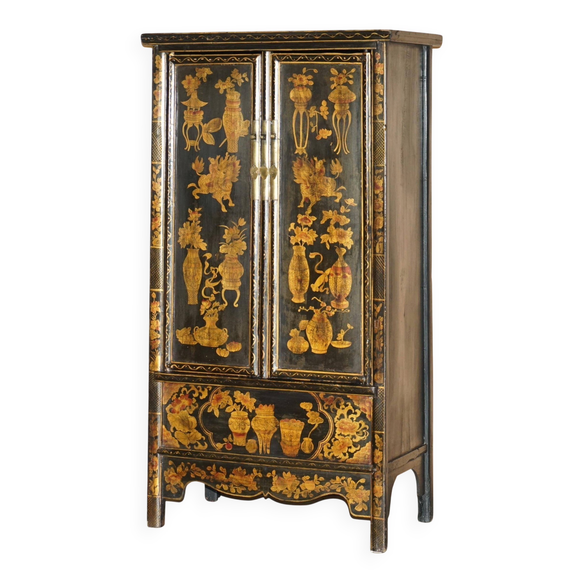 Chinese lacquered wedding cabinet painted circa 1920