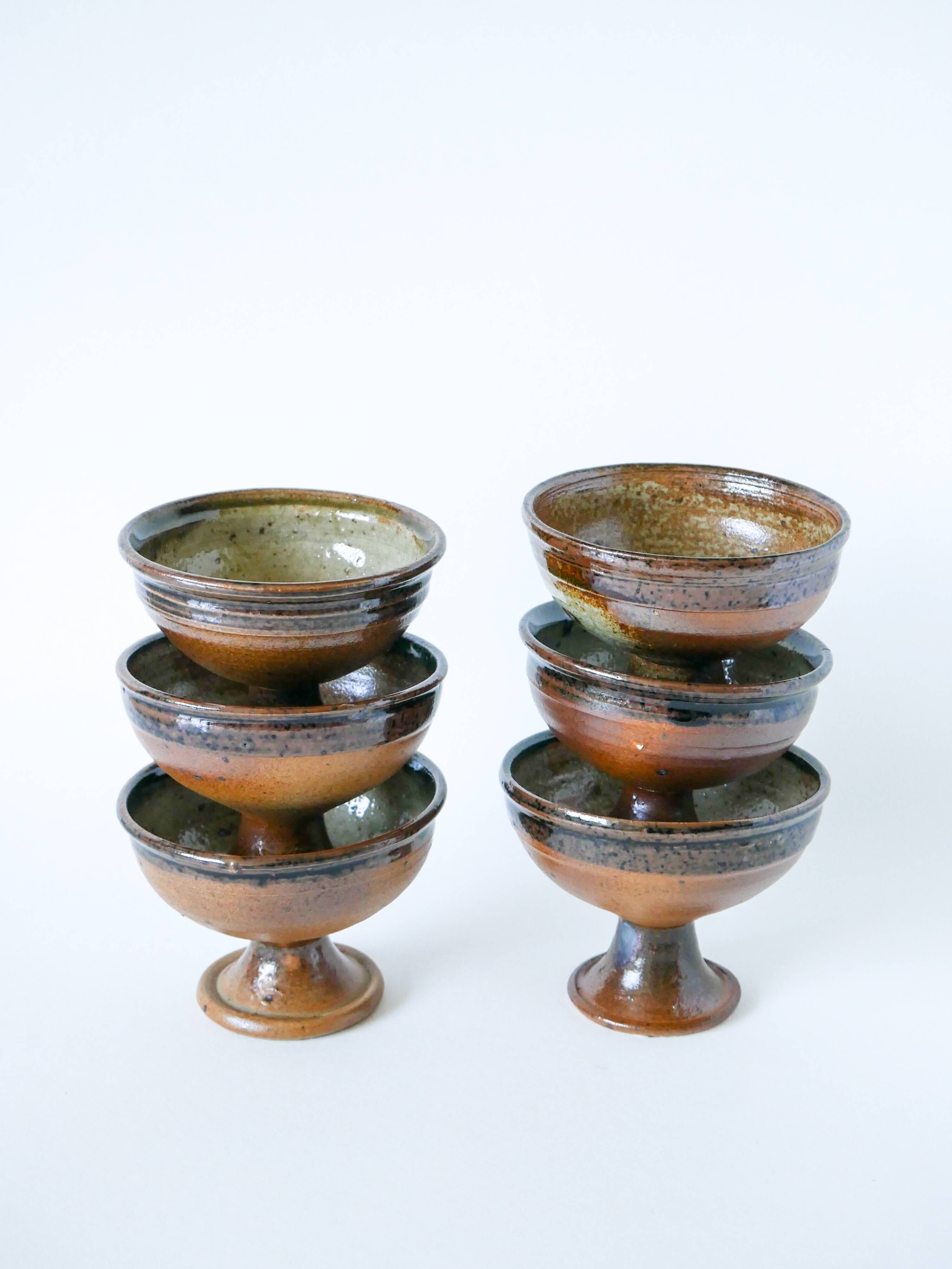 Set of 6 glazed stoneware bowls, handcrafted, 1970