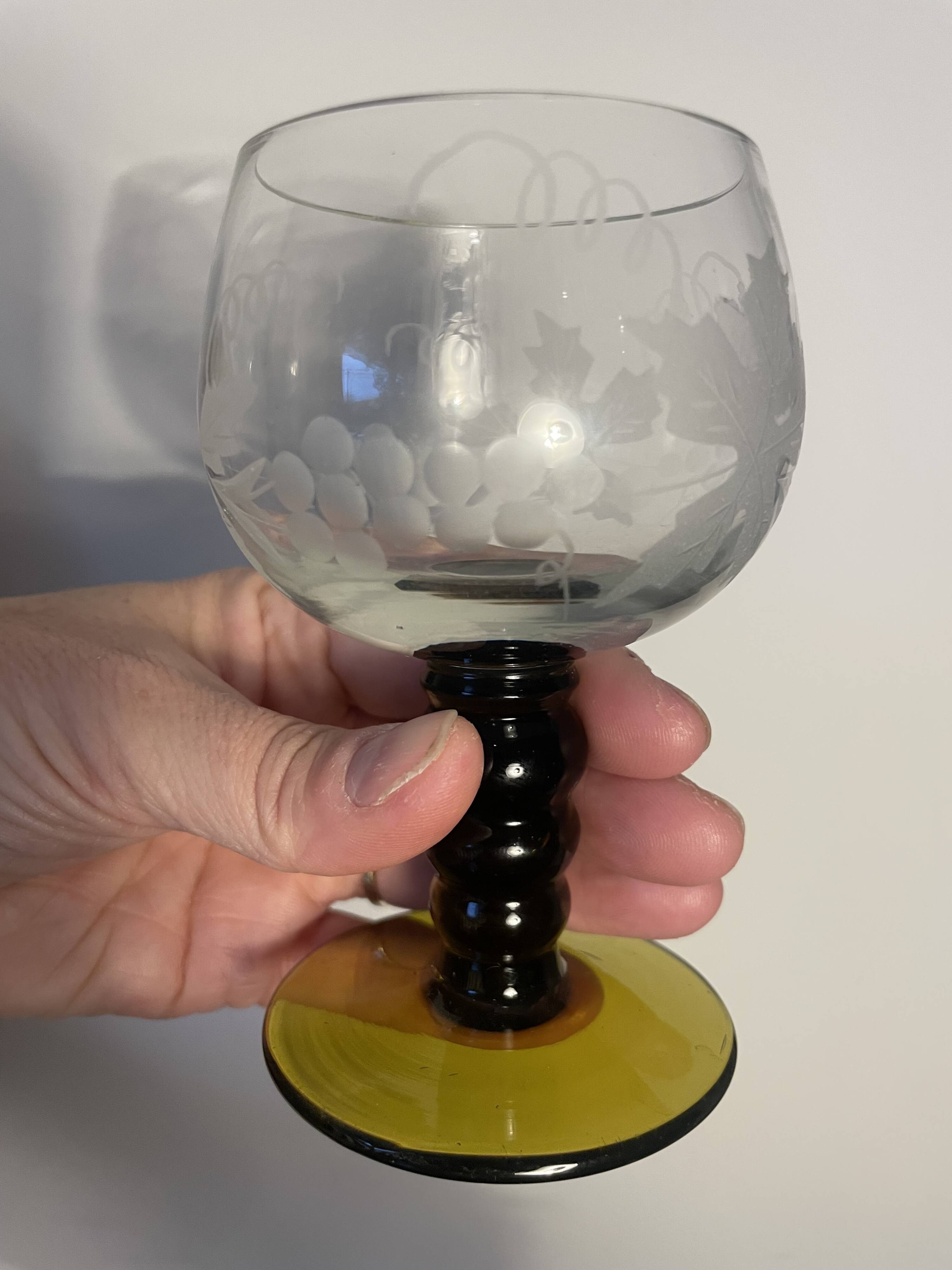 3 two-tone stemmed glasses with olive green stems