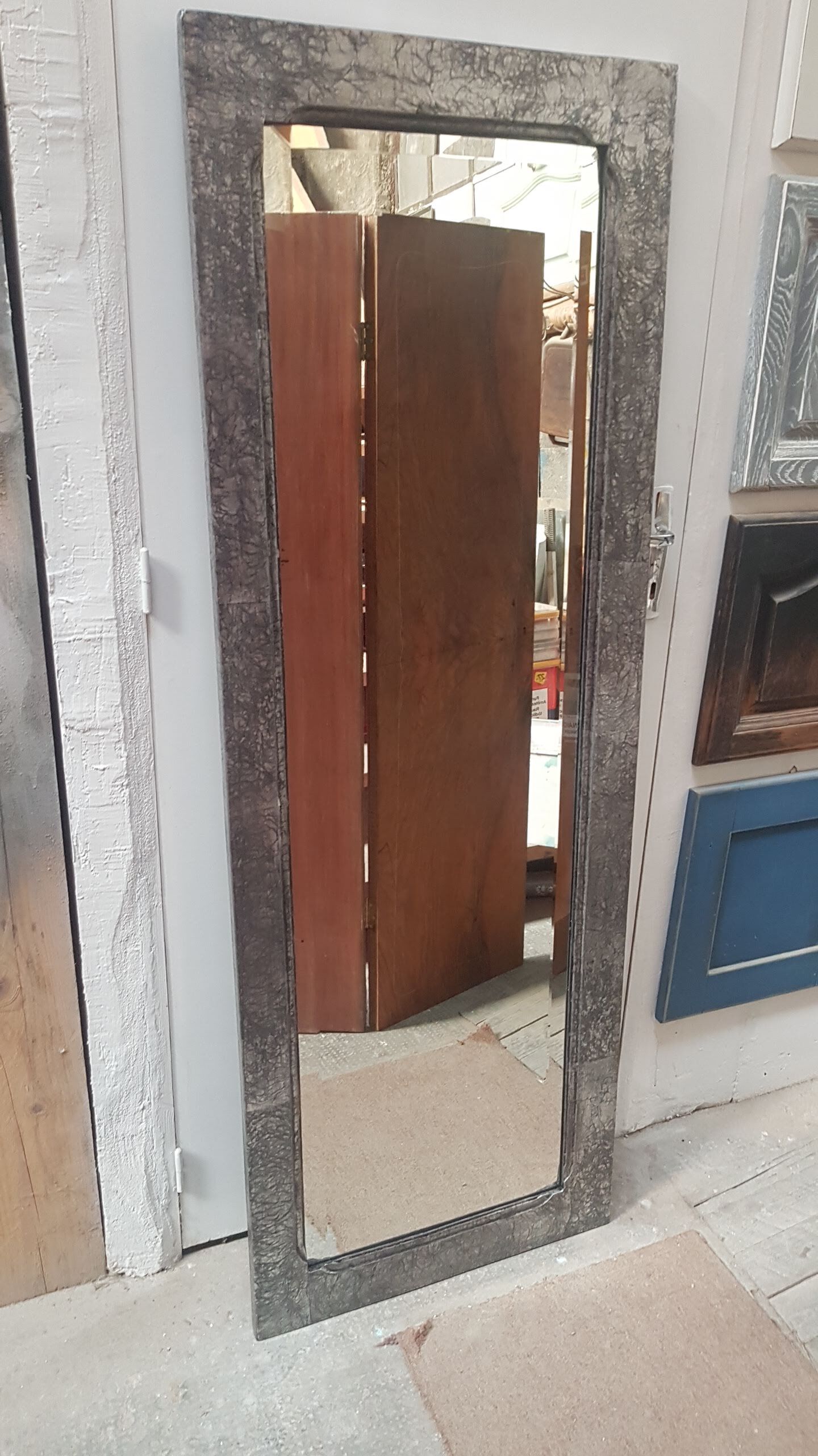 Antique mirror beveled restyled silver patinated black 58x159cm