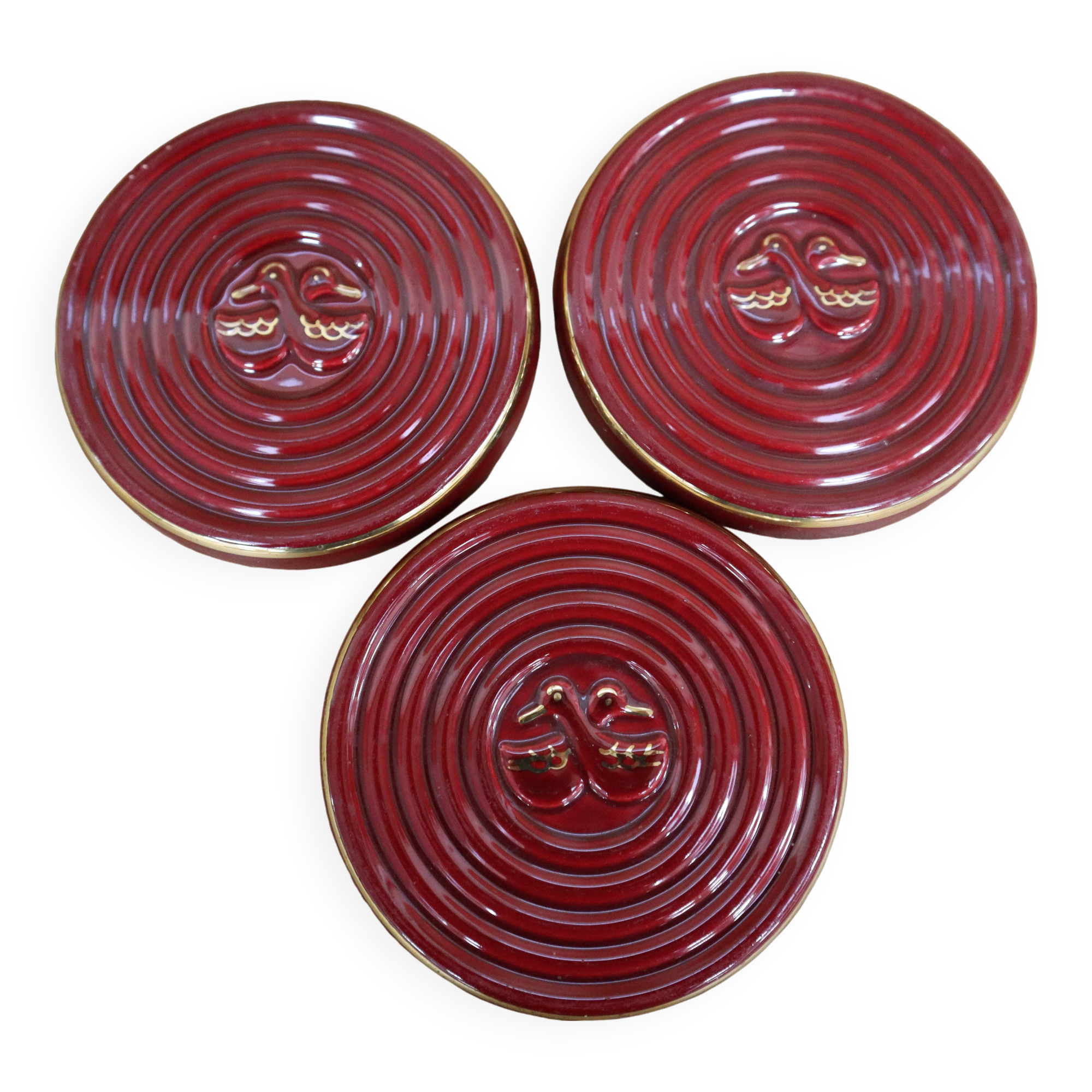 3 small vintage burgundy duck coasters or glasses with gold edging