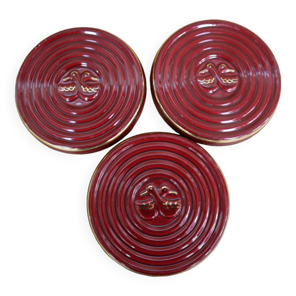 3 petits dessous de plats ou verres canards vintage bordeaux et liseré doré