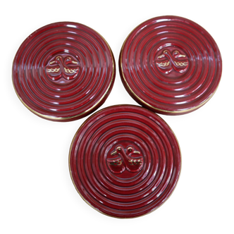 3 small vintage burgundy duck coasters or glasses with gold edging