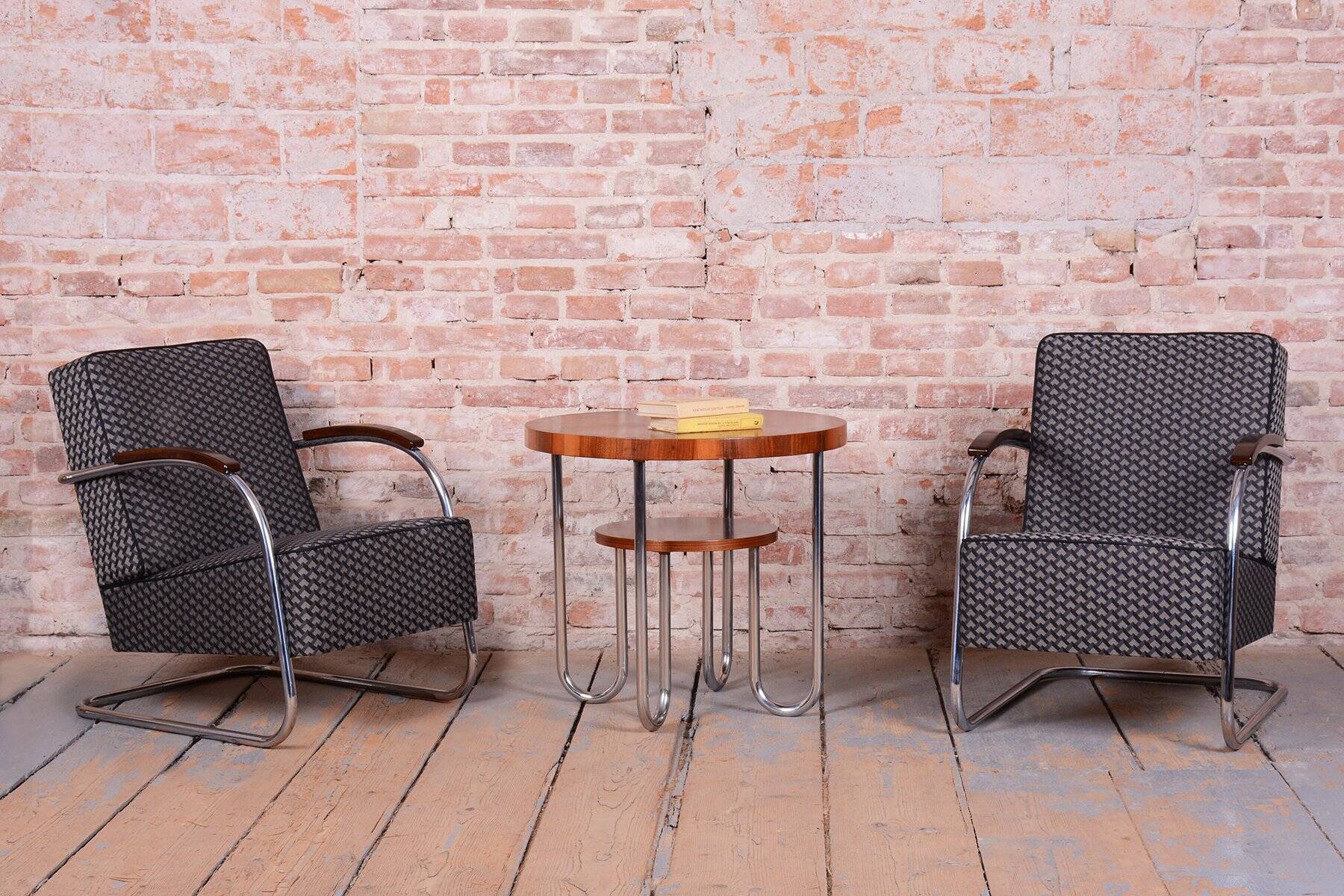 Bauhaus Armchairs in Beech and Chrome from Mücke-Melder, Czech, 1930s, Set of 2