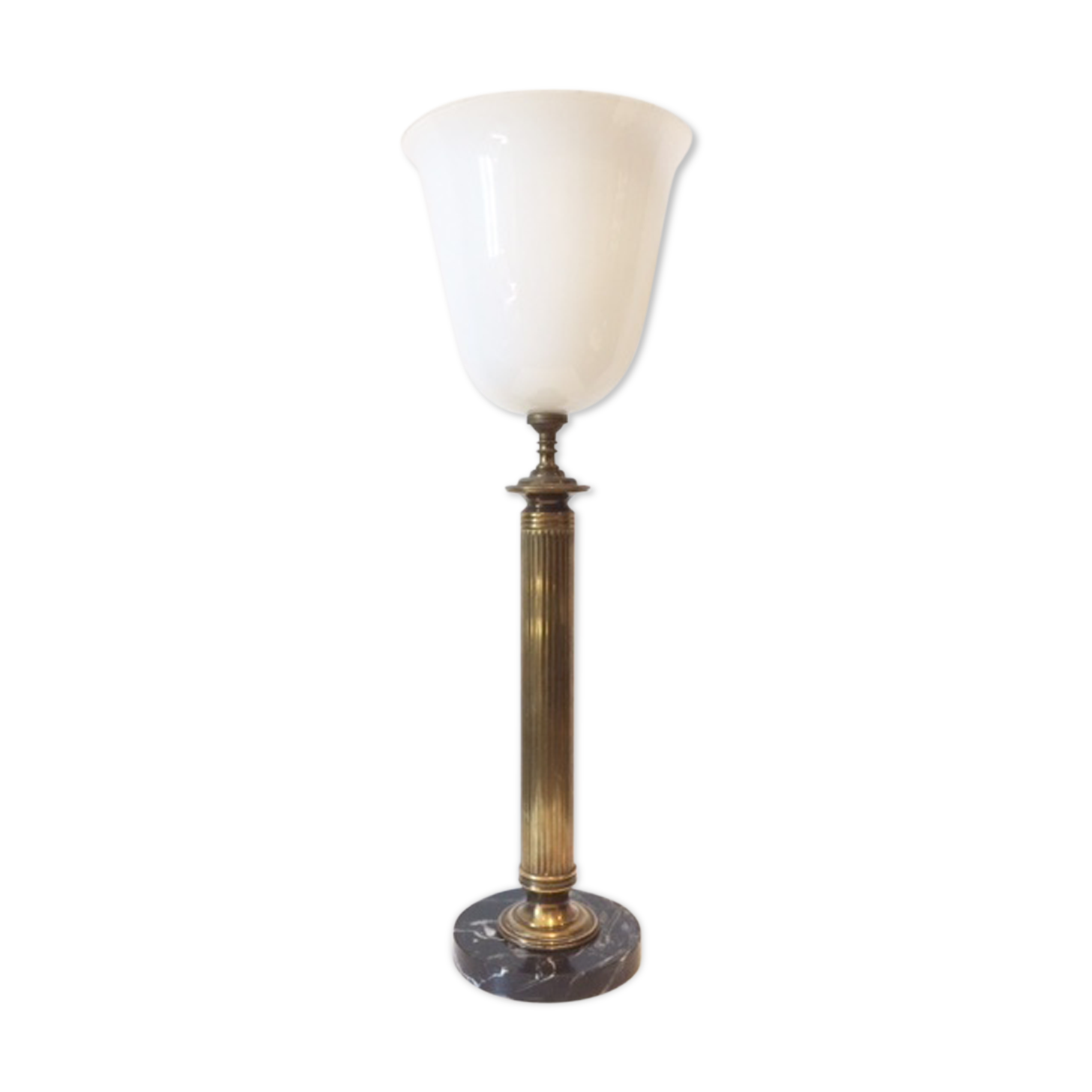 Neo-classical bronze lamp, opaline vasque, 1950