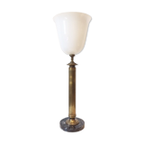 Neo-classical bronze lamp, opaline vasque, 1950