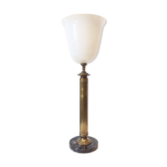 Neo-classical bronze lamp, opaline vasque, 1950