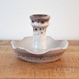 Ceramic Candlestick Holder, Vintage Studio Pottery, White & Brown Speckled