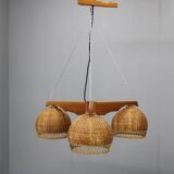 1970s Czechoslovakian rattan & pine pendant light, three-shade chandelier