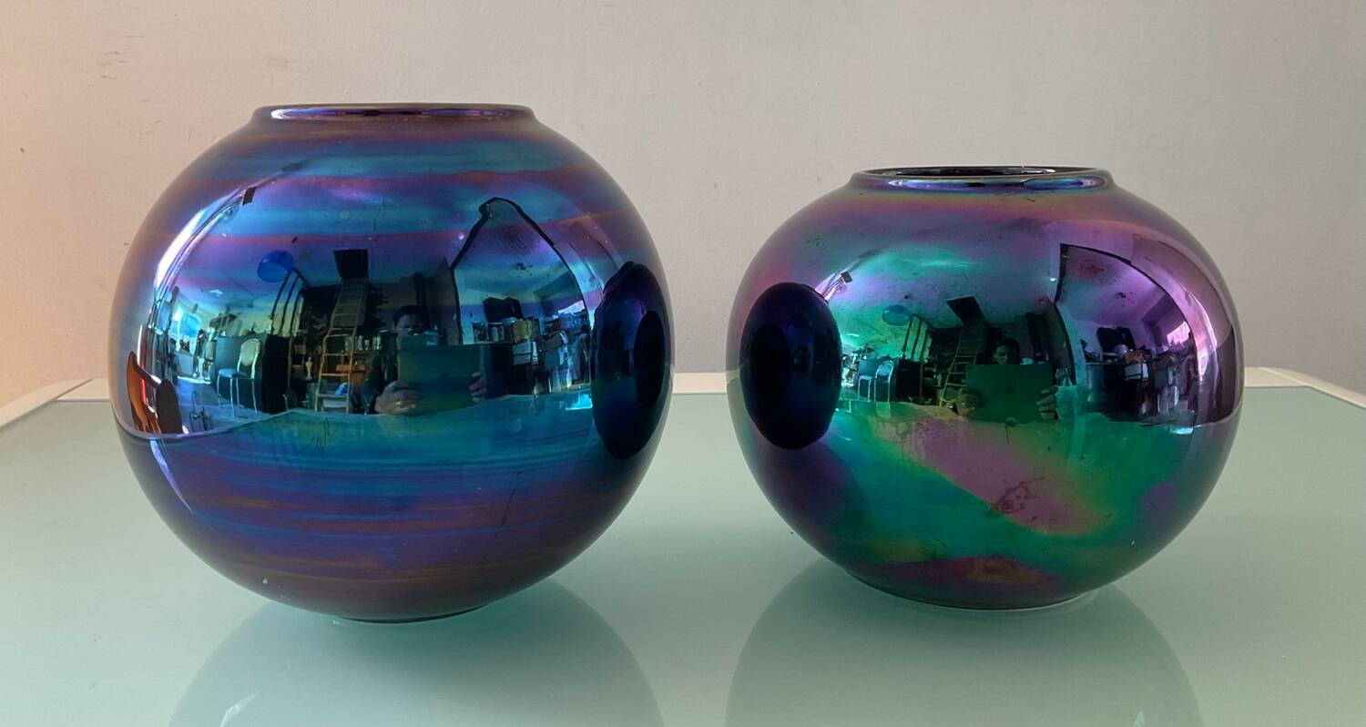 Duo of vintage iridescent ceramic vases from the 70s