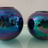 Duo of vintage iridescent ceramic vases from the 70s