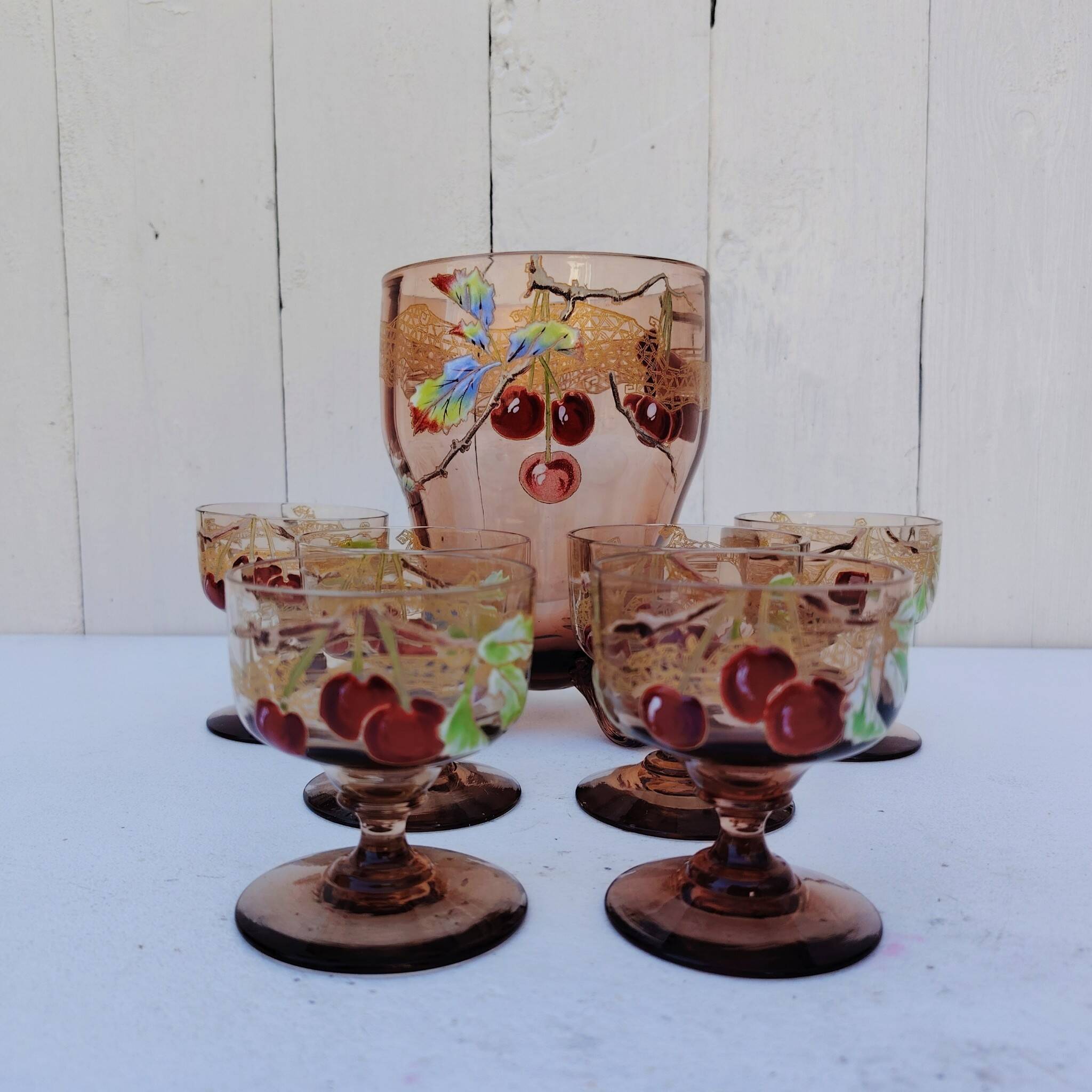 Cerise service with Legras brandy, Art Nouveau, Montjoye