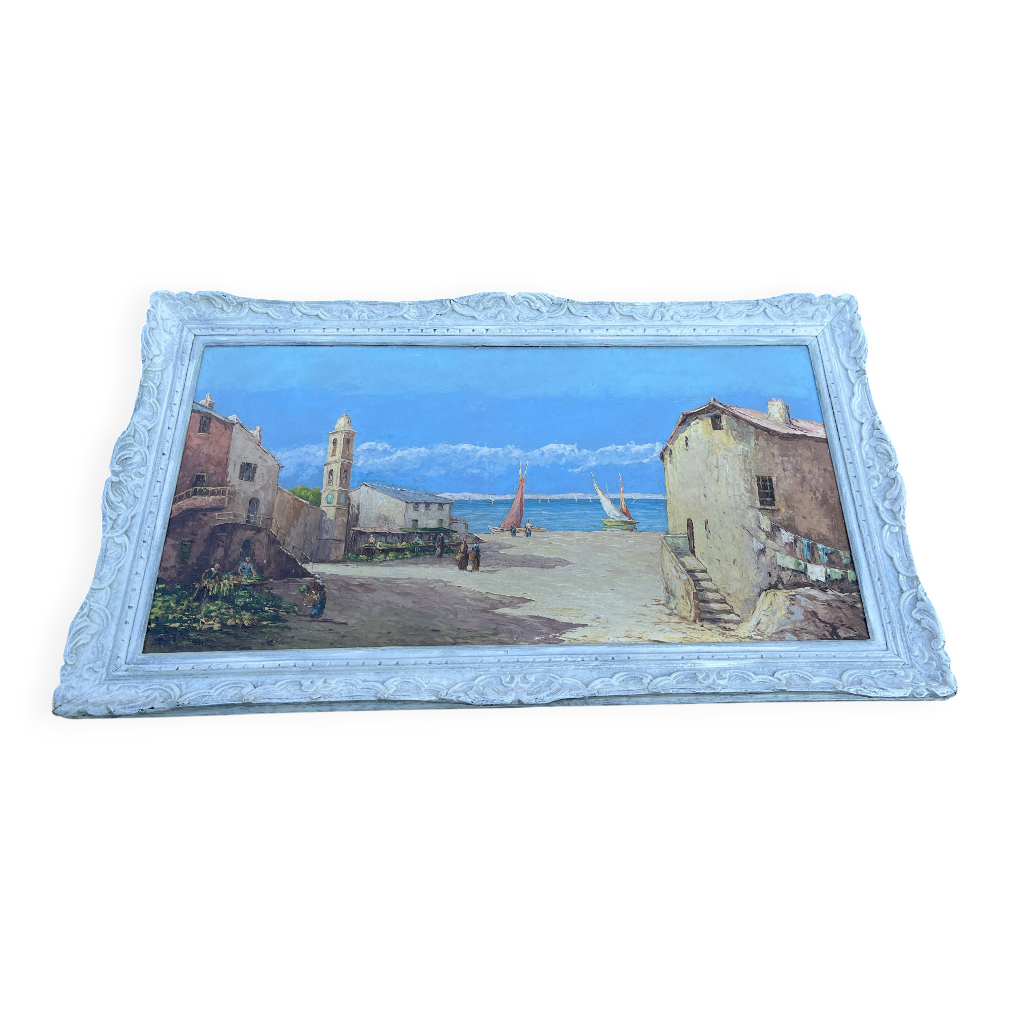 Ancient painting – Animated Mediterranean view – Port and sailing boats